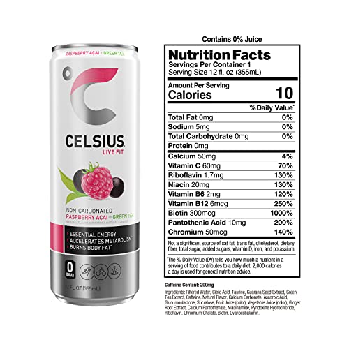 CELSIUS Raspberry Acai Green Tea, Functional Essential Energy Drink, 12 Fl Oz (Pack of 24) thumbnail