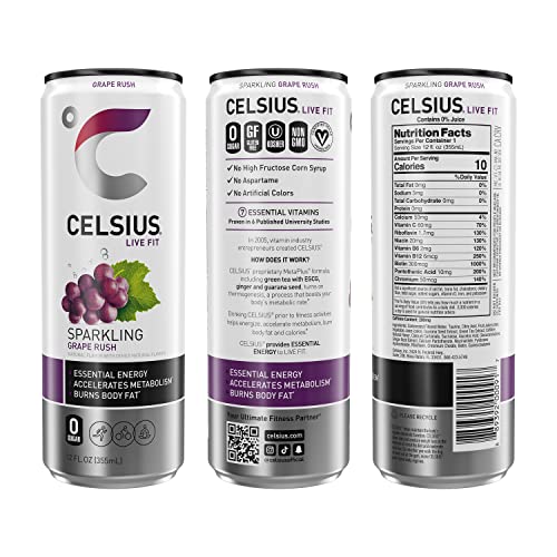 CELSIUS Sparkling Grape Rush, Functional Essential Energy Drink, 12 Fl Oz (Pack of 24) thumbnail
