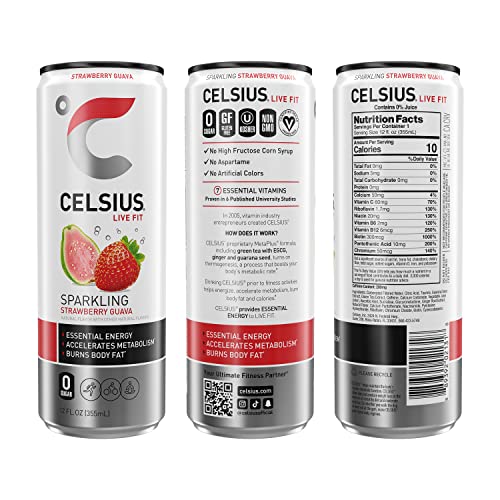 CELSIUS Sparkling Strawberry Guava, Functional Essential Energy Drink, 12 Fl Oz (Pack of 24) thumbnail