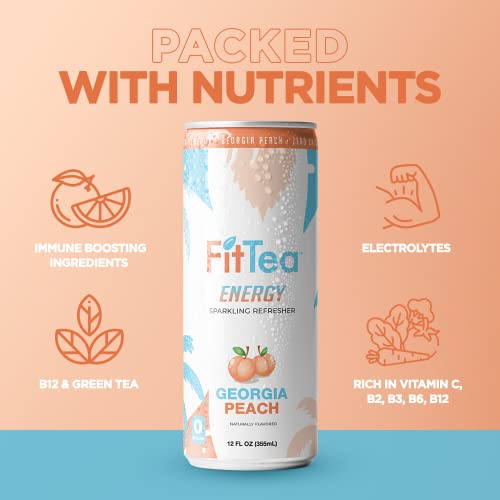 Fit Tea Healthy Energy Drink 12 Fl Oz - Georgia Peach Pre Workout Sparkling Refresher (12 Pack) Natural Green Tea Energy Drinks Sugar Free thumbnail