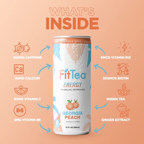 Fit Tea Healthy Energy Drink 12 Fl Oz - Georgia Peach Pre Workout Sparkling Refresher (12 Pack) Natural Green Tea Energy Drinks Sugar Free thumbnail