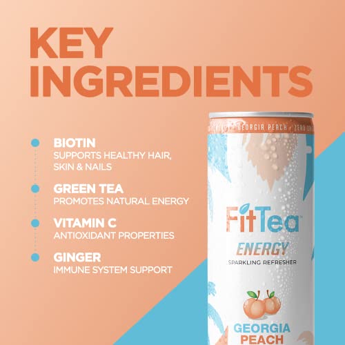 Fit Tea Healthy Energy Drink 12 Fl Oz - Georgia Peach Pre Workout Sparkling Refresher (12 Pack) Natural Green Tea Energy Drinks Sugar Free thumbnail