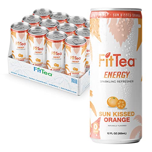 Fit Tea Healthy Energy Drink 12 Fl Oz - Sun-Kissed Orange Pre Workout Sparkling Refresher (12 Pack) Natural Green Tea Energy Drinks Sugar Free