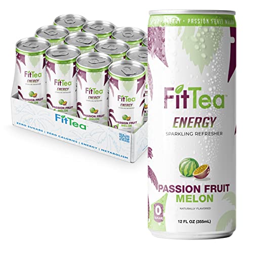 Fit Tea Healthy Energy Drink 12 Fl Oz - Passionfruit Melon Sparkling Refresher (12 Pack) Natural Green Tea Energy Drinks Sugar Free