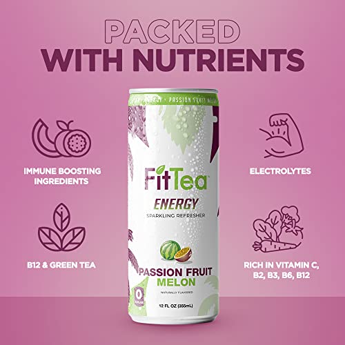 Fit Tea Healthy Energy Drink 12 Fl Oz - Passionfruit Melon Sparkling Refresher (12 Pack) Natural Green Tea Energy Drinks Sugar Free thumbnail