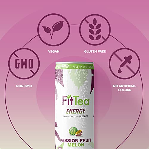 Fit Tea Healthy Energy Drink 12 Fl Oz - Passionfruit Melon Sparkling Refresher (12 Pack) Natural Green Tea Energy Drinks Sugar Free thumbnail