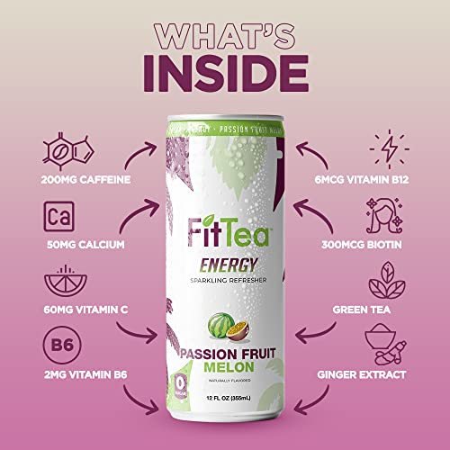 Fit Tea Healthy Energy Drink 12 Fl Oz - Passionfruit Melon Sparkling Refresher (12 Pack) Natural Green Tea Energy Drinks Sugar Free thumbnail