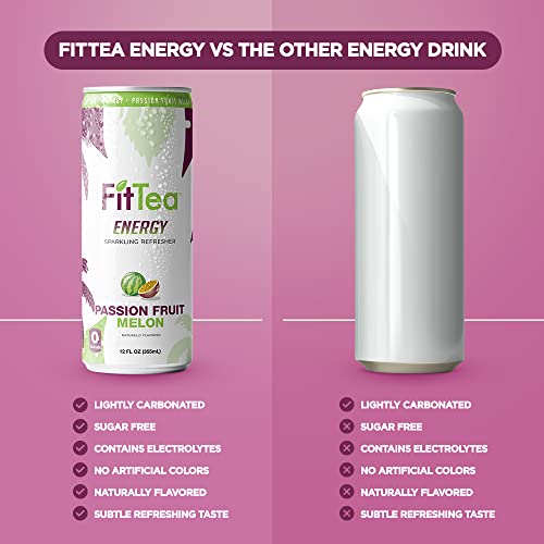 Fit Tea Healthy Energy Drink 12 Fl Oz - Passionfruit Melon Sparkling Refresher (12 Pack) Natural Green Tea Energy Drinks Sugar Free thumbnail
