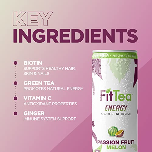 Fit Tea Healthy Energy Drink 12 Fl Oz - Passionfruit Melon Sparkling Refresher (12 Pack) Natural Green Tea Energy Drinks Sugar Free thumbnail