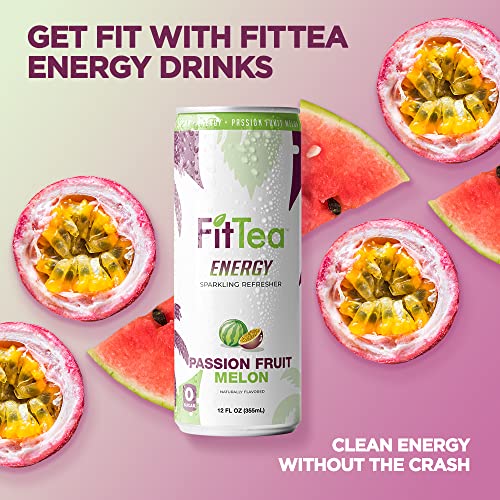 Fit Tea Healthy Energy Drink 12 Fl Oz - Passionfruit Melon Sparkling Refresher (12 Pack) Natural Green Tea Energy Drinks Sugar Free thumbnail
