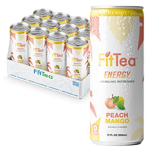 Fit Tea Healthy Energy Drink 12 Fl Oz - Peach Mango Pre Workout Sparkling Refresher (12 Pack) Natural Green Tea Energy Drinks Sugar Free