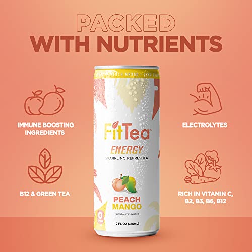 Fit Tea Healthy Energy Drink 12 Fl Oz - Peach Mango Pre Workout Sparkling Refresher (12 Pack) Natural Green Tea Energy Drinks Sugar Free thumbnail