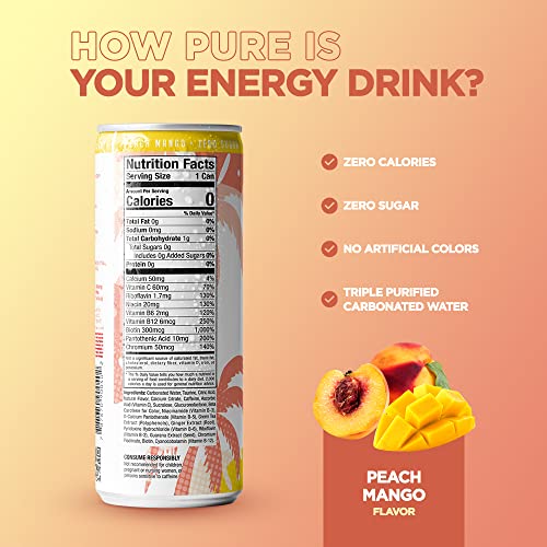Fit Tea Healthy Energy Drink 12 Fl Oz - Peach Mango Pre Workout Sparkling Refresher (12 Pack) Natural Green Tea Energy Drinks Sugar Free thumbnail