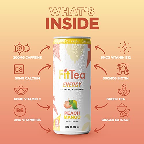 Fit Tea Healthy Energy Drink 12 Fl Oz - Peach Mango Pre Workout Sparkling Refresher (12 Pack) Natural Green Tea Energy Drinks Sugar Free thumbnail