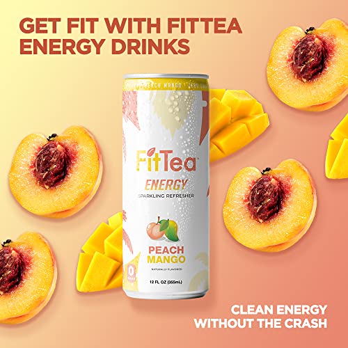 Fit Tea Healthy Energy Drink 12 Fl Oz - Peach Mango Pre Workout Sparkling Refresher (12 Pack) Natural Green Tea Energy Drinks Sugar Free thumbnail