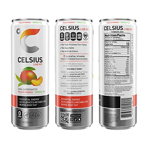 CELSIUS Peach Mango Green Tea, Functional Essential Energy Drink 12 Fl Oz (Pack of 4) thumbnail