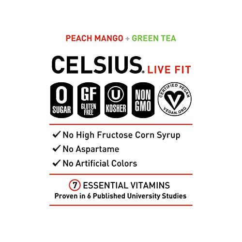 CELSIUS Peach Mango Green Tea, Functional Essential Energy Drink 12 Fl Oz (Pack of 4) thumbnail