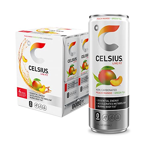 CELSIUS Peach Mango Green Tea, Functional Essential Energy Drink 12 Fl Oz (Pack of 4)
