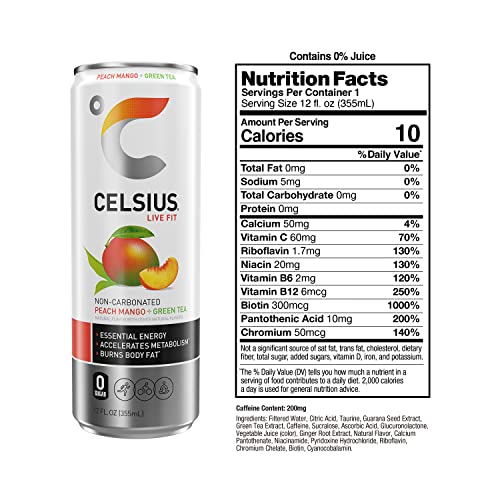 CELSIUS Peach Mango Green Tea, Functional Essential Energy Drink 12 Fl Oz (Pack of 4) thumbnail