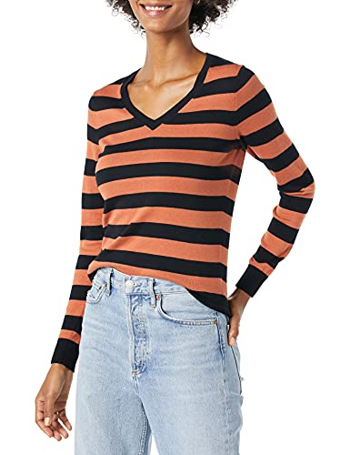 Amazon Essentials Women's Classic-Fit Lightweight Long-Sleeve V-Neck Sweater (Available in Plus Size), Black/Caramel, Stripe, X-Large