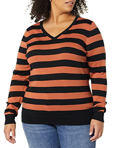 Amazon Essentials Women's Classic-Fit Lightweight Long-Sleeve V-Neck Sweater (Available in Plus Size), Black/Caramel, Stripe, X-Large thumbnail