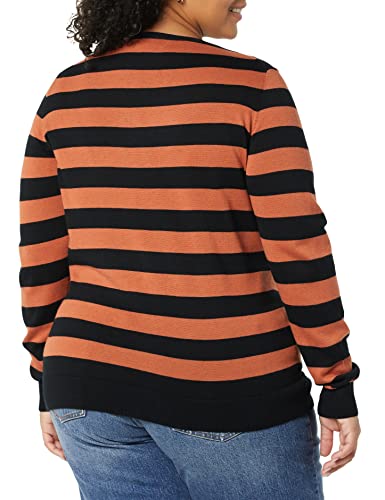 Amazon Essentials Women's Classic-Fit Lightweight Long-Sleeve V-Neck Sweater (Available in Plus Size), Black/Caramel, Stripe, X-Large thumbnail