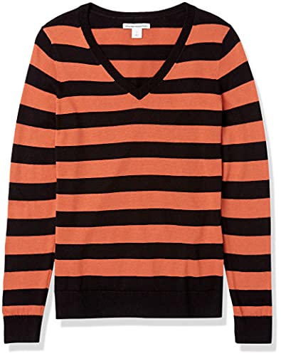 Amazon Essentials Women's Classic-Fit Lightweight Long-Sleeve V-Neck Sweater (Available in Plus Size), Black/Caramel, Stripe, X-Large thumbnail