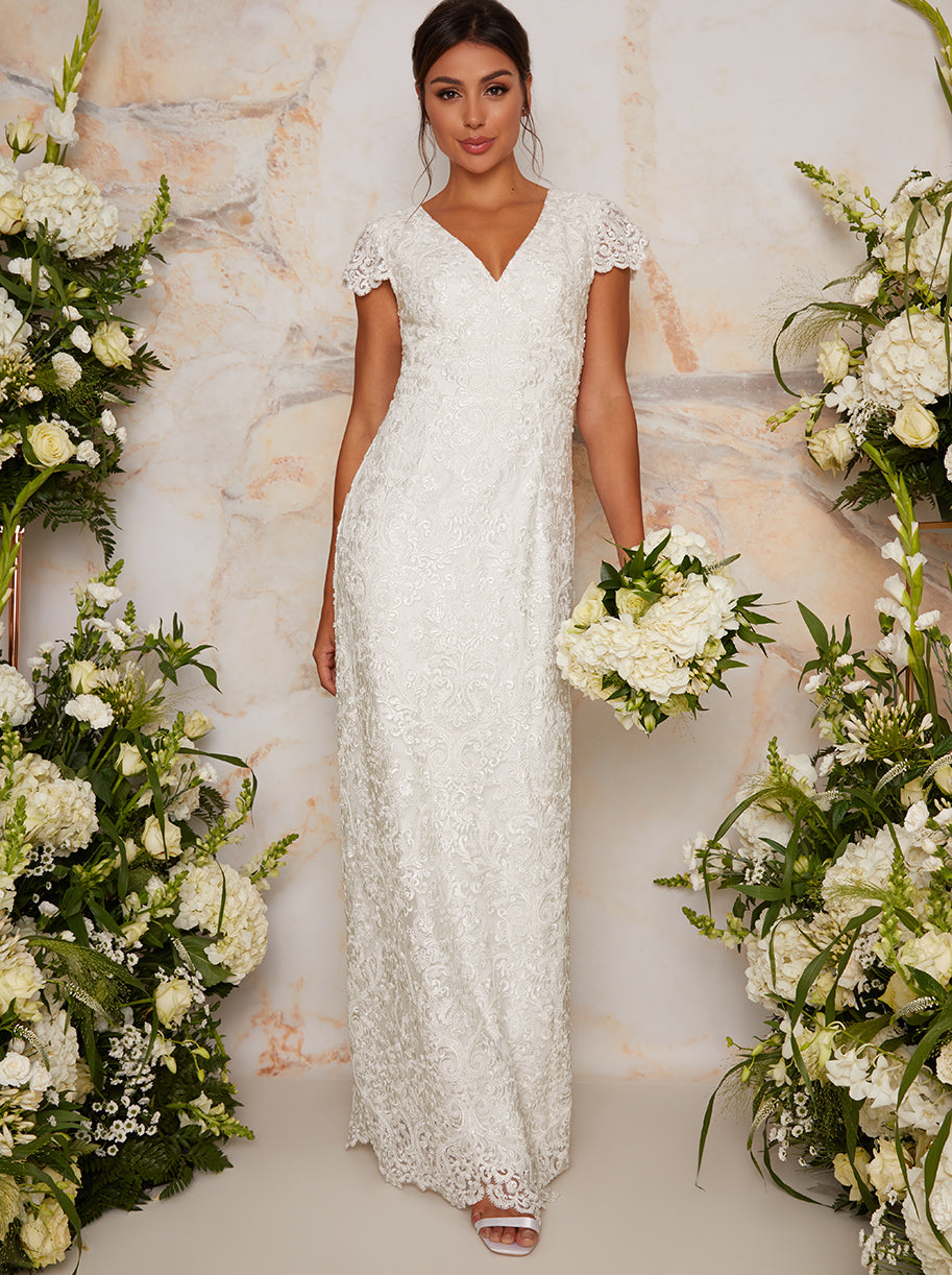 Chi Chi Lace Embellished Maxi Wedding Dress in White, Size 16