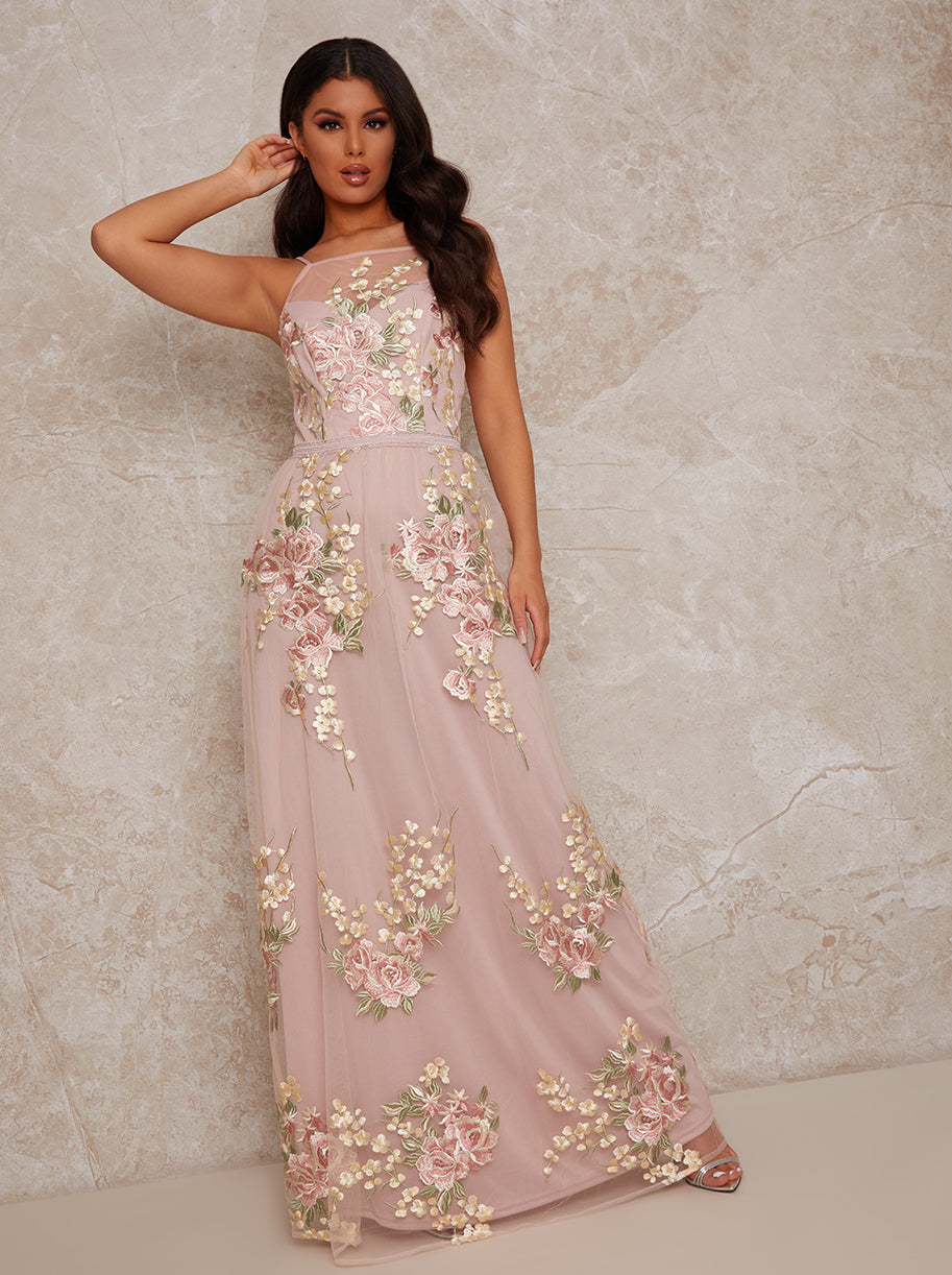 Chi Chi Sleeveless Embroidered Lace Maxi Dress in Pink, Size 16