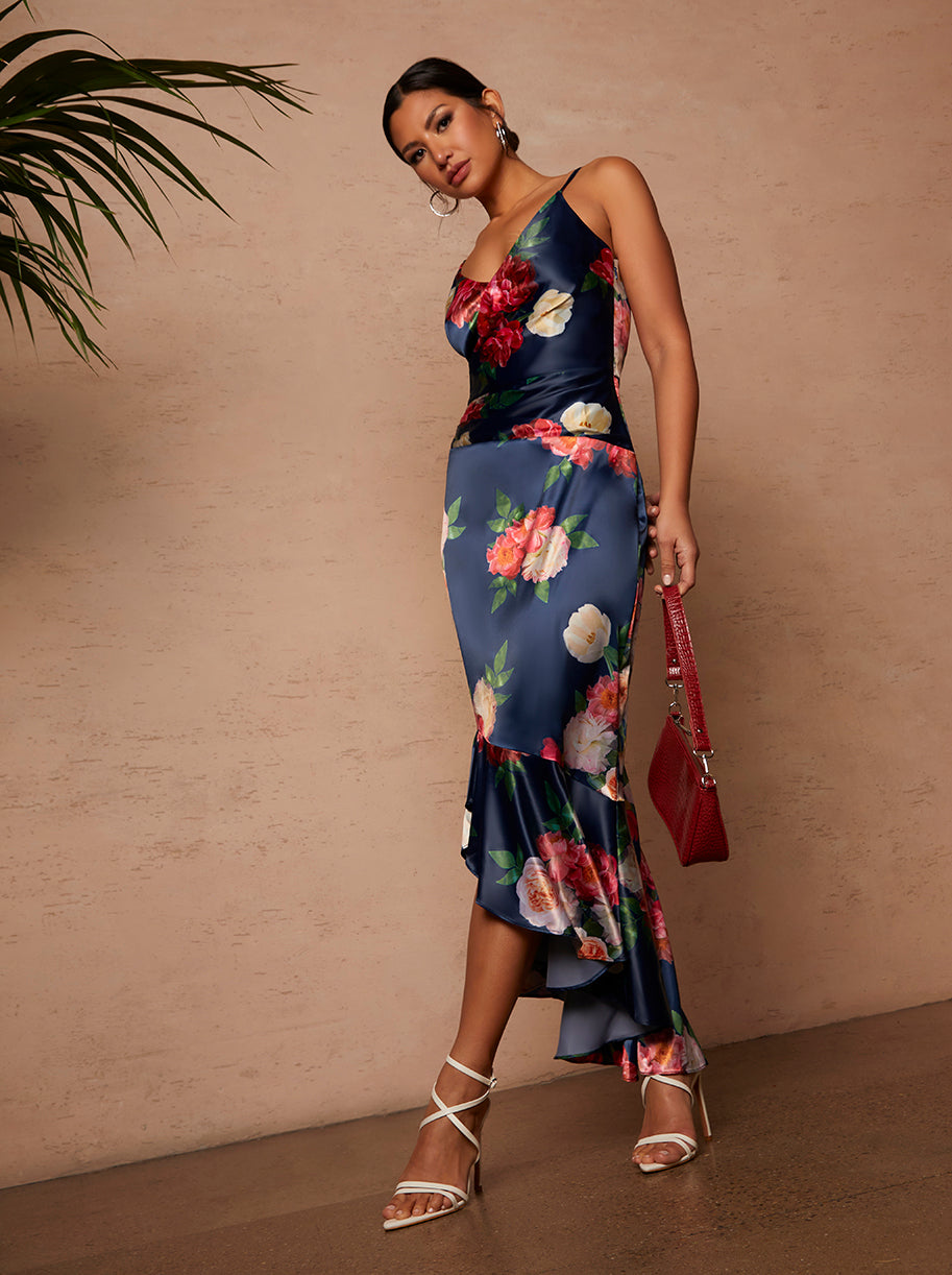 Chi Chi Sleeveless Floral Print MIDI Dress in Navy in Blue, Size 16 thumbnail
