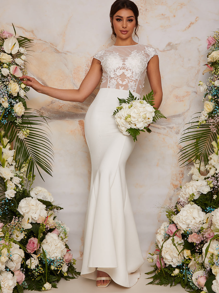 Chi Chi Sheer Floral Lace Wedding Dress in White, Size 16