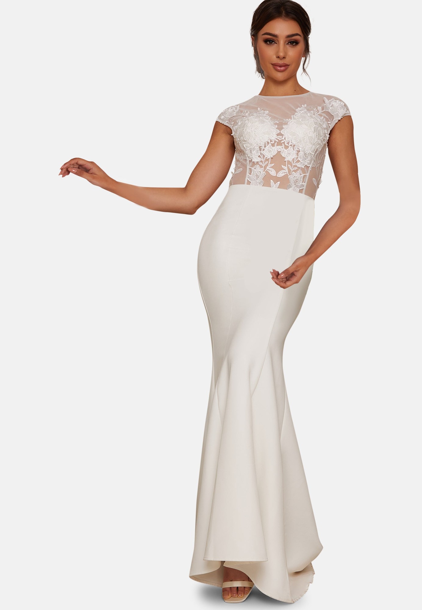 Chi Chi Sheer Floral Lace Wedding Dress in White, Size 16 thumbnail