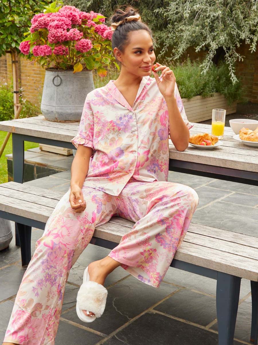 Chi Chi Floral Print Ruffle Detail Pyjama Set in Pink, Size 16 thumbnail