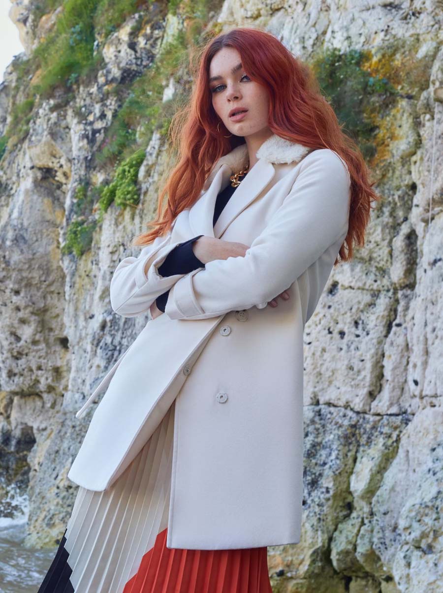 Chi Chi Button up Waist Panel Coat in Cream with Fur Collar in Neutrals, Size 16 thumbnail