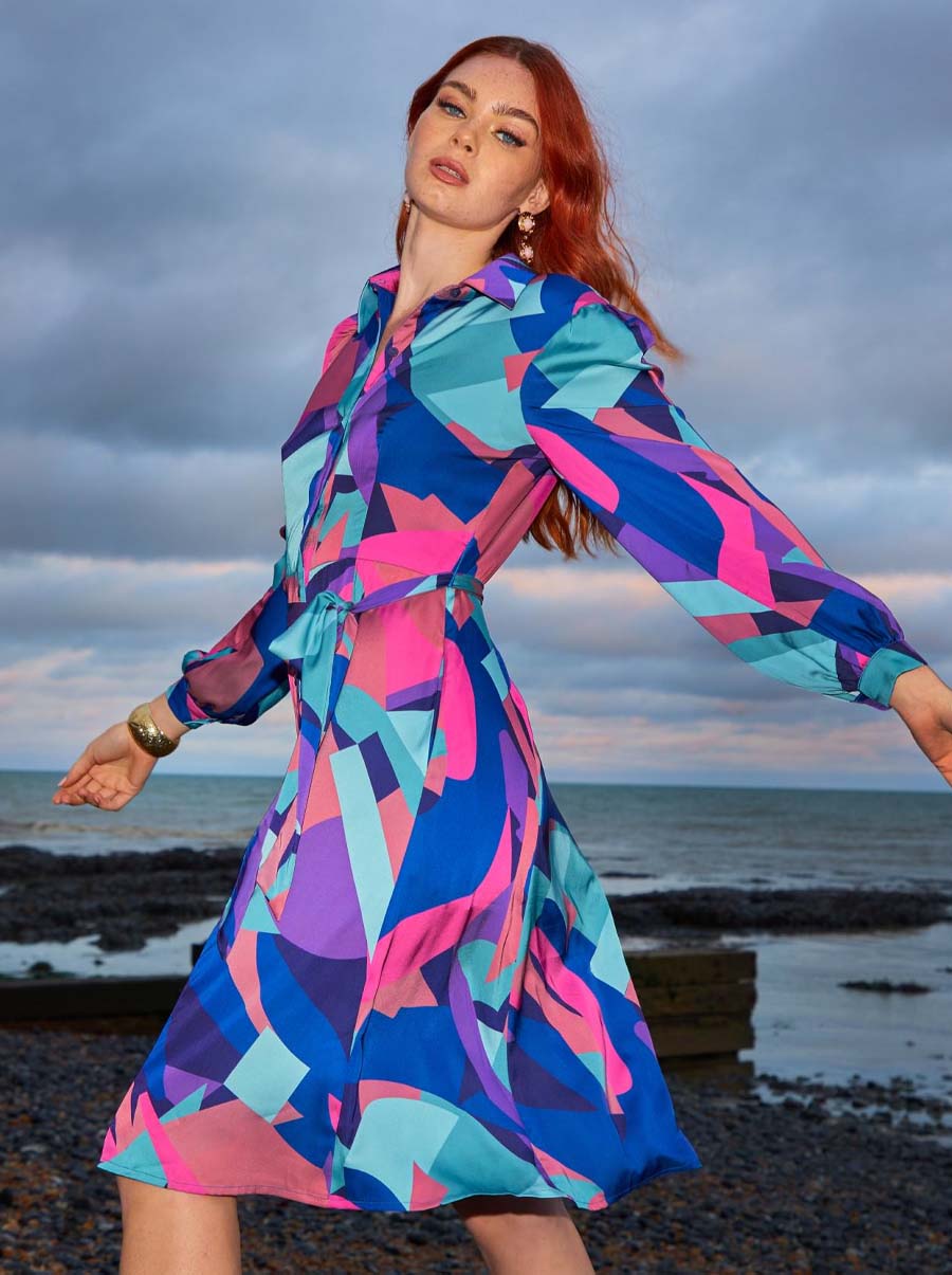 Chi Chi Graphic Print Shirt Dress in Multi, Size 16 thumbnail