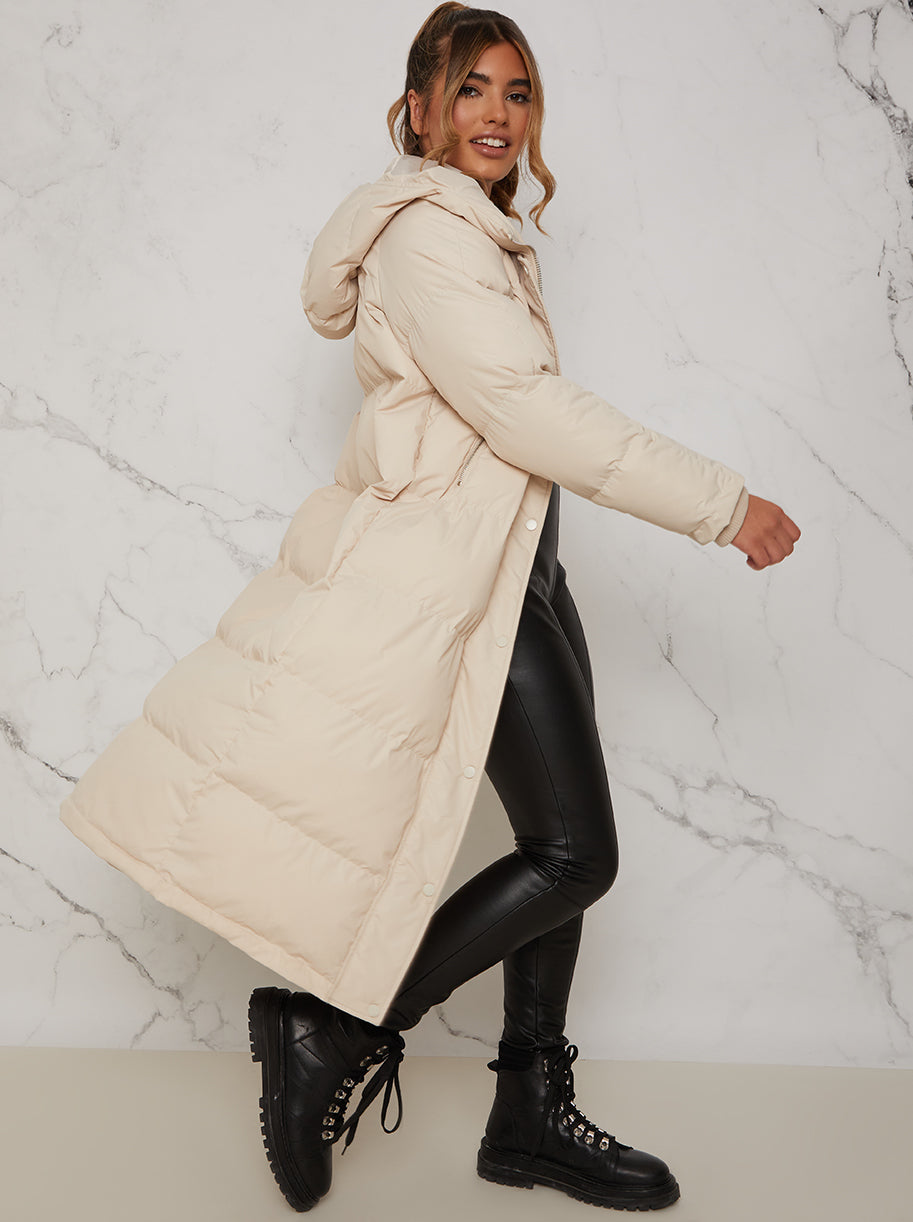 Chi Chi Longline Oversized Padded Puffer Coat in Beige, Size 16