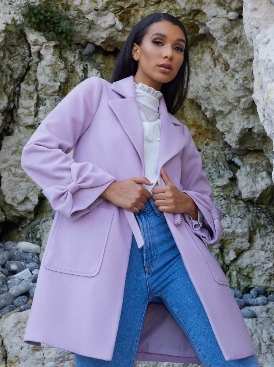 Chi Chi Structured Coat with Bow Sleeves and Belt Detail in Lilac, Size 16 thumbnail