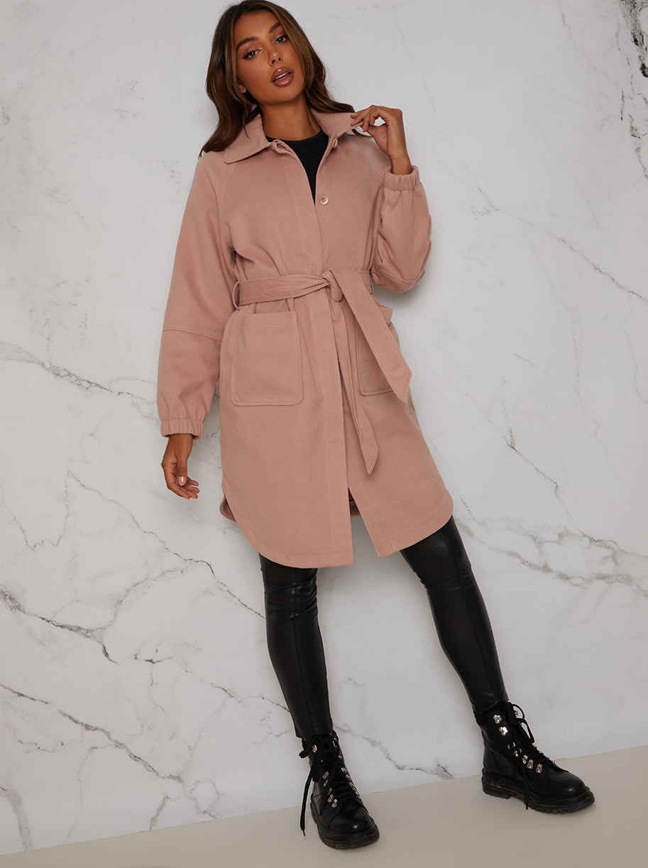 Chi Chi Oversized Puff Sleeve Coat with Tie Waist in Pink, Size 16 thumbnail