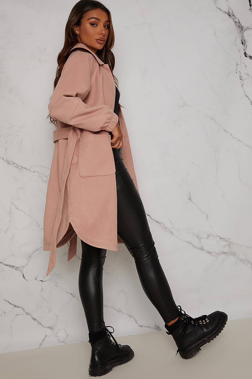 Chi Chi Oversized Puff Sleeve Coat with Tie Waist in Pink, Size 16 thumbnail