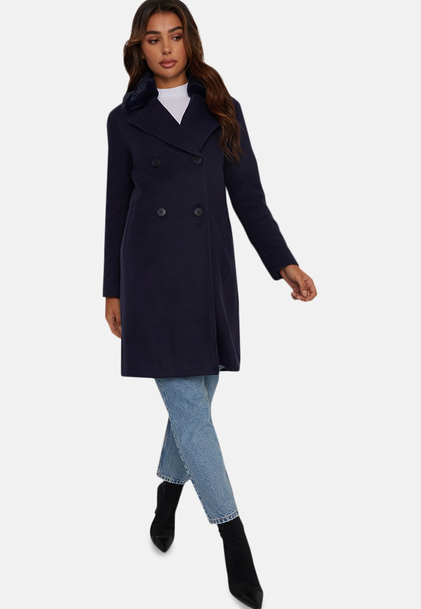 Chi Chi Structured Double Breasted Coat with Faux Fur Collar in Navy, Size 16 thumbnail