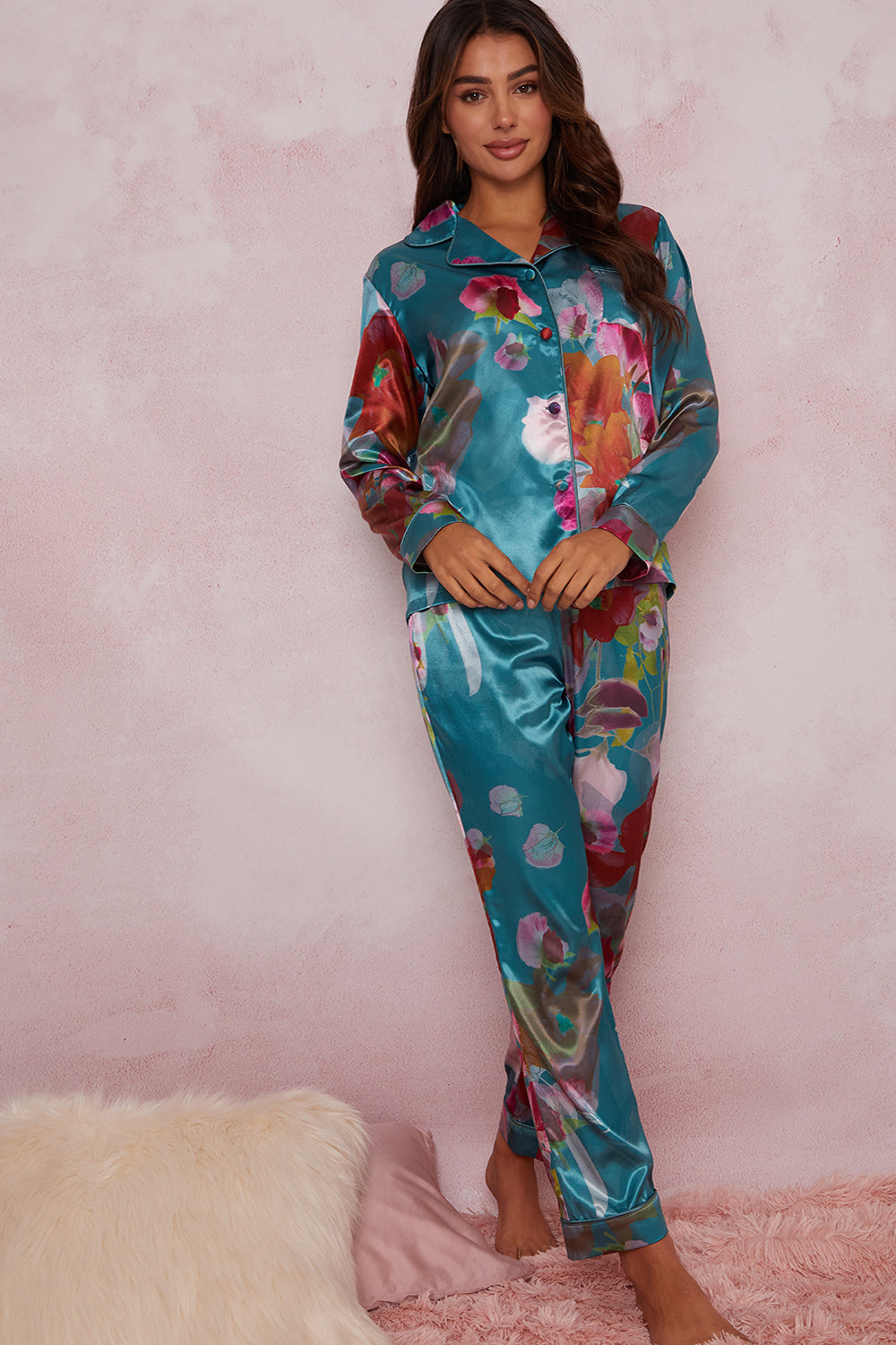 Chi Chi Floral Printed Pyjama Set in Green, Size 16 thumbnail