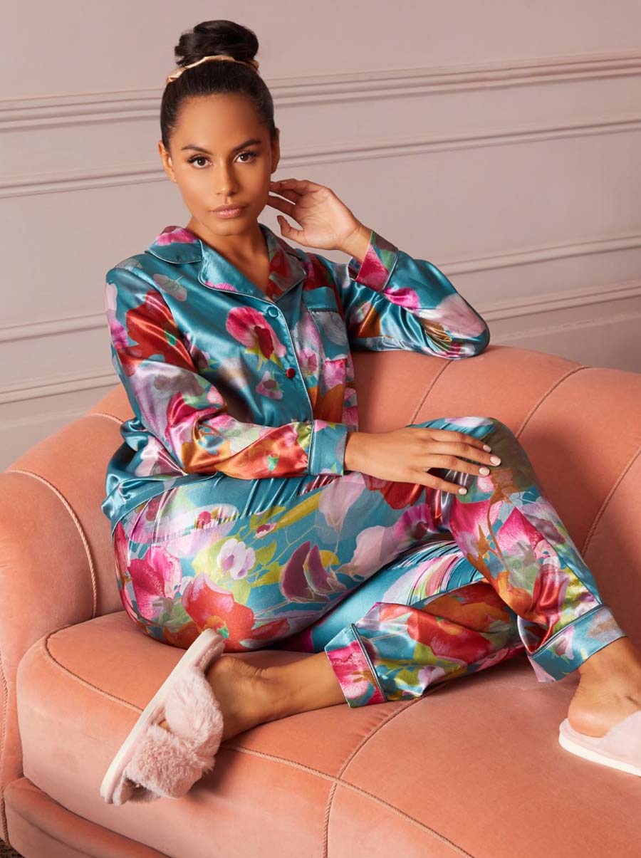 Chi Chi Floral Printed Pyjama Set in Green, Size 16 thumbnail
