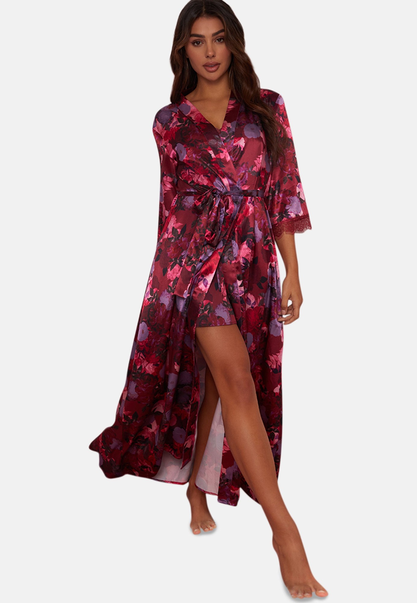 Chi Chi Maxi Length Floral Robe in Burgundy, Size 16 thumbnail