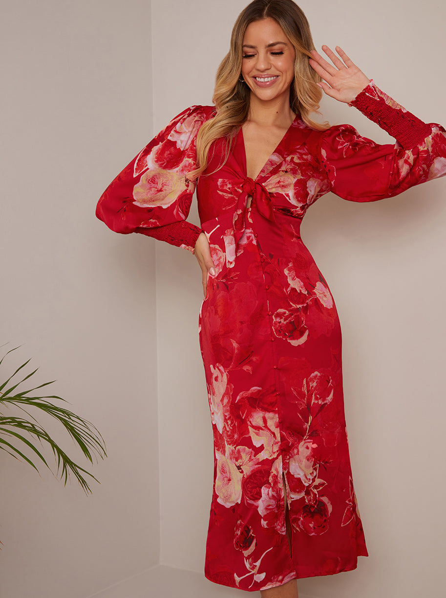 Chi Chi V Neck Puff Sleeve Floral MIDI Dress in Red, Size 16