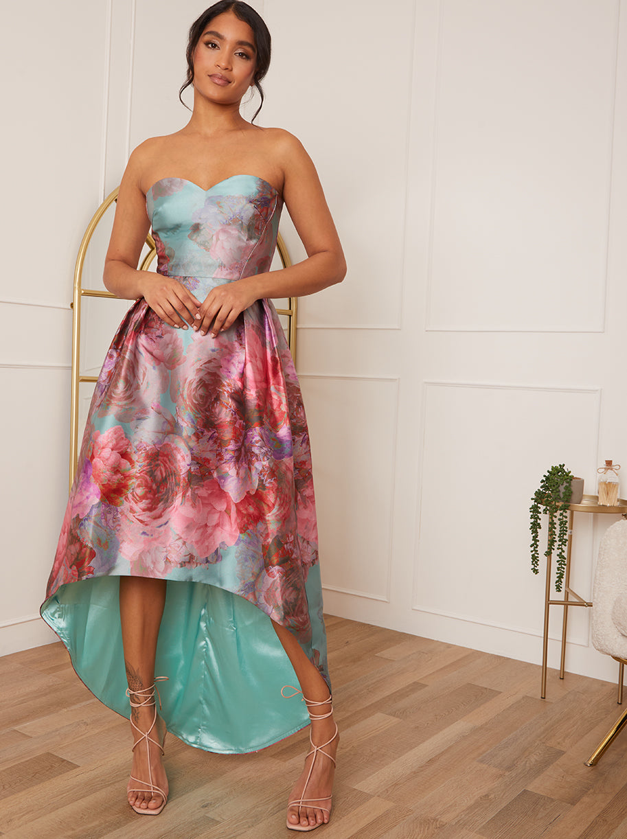Chi Chi Strapless Printed Dip Hem Dress in Green, Size 16 thumbnail