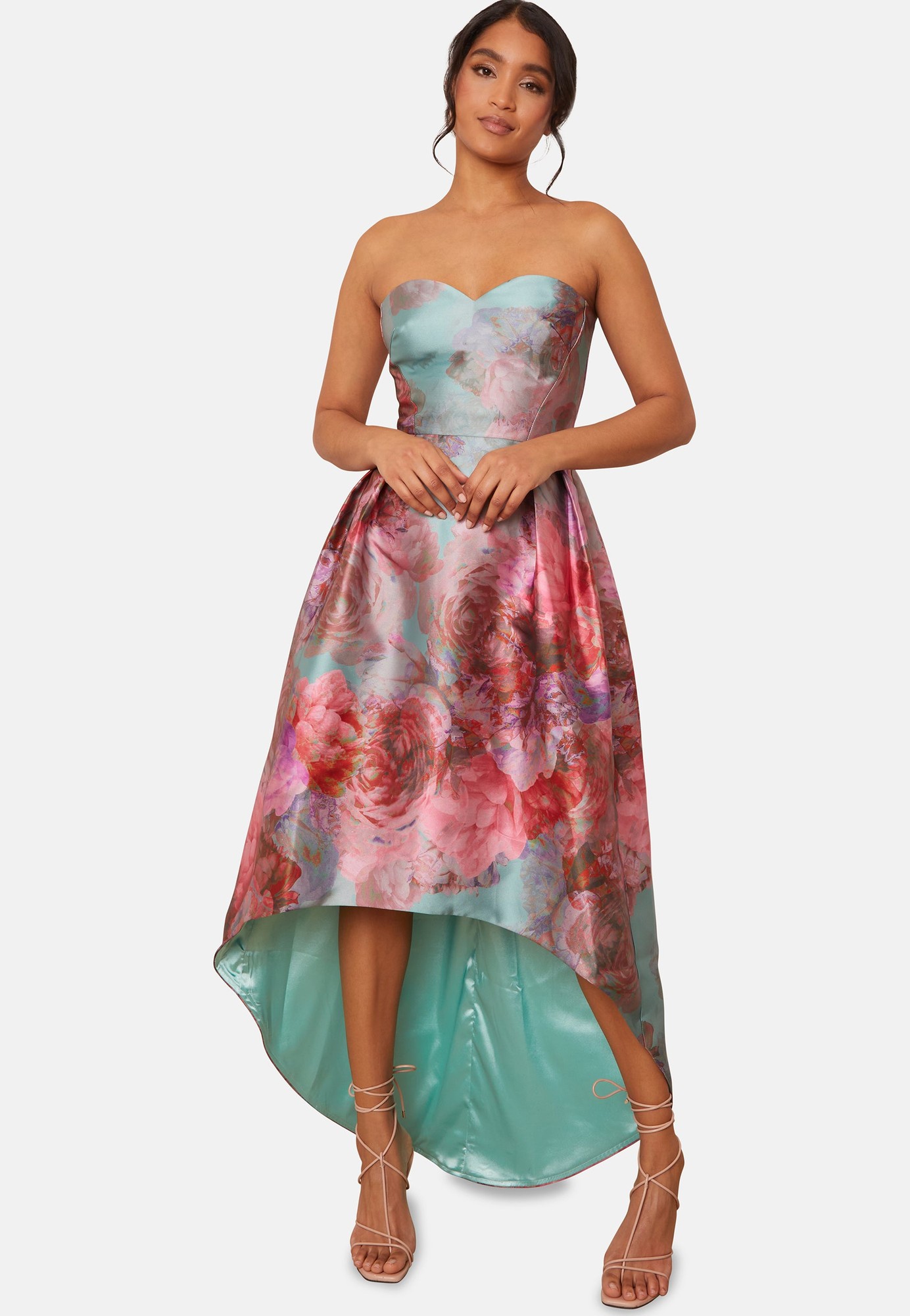 Chi Chi Strapless Printed Dip Hem Dress in Green, Size 16 thumbnail