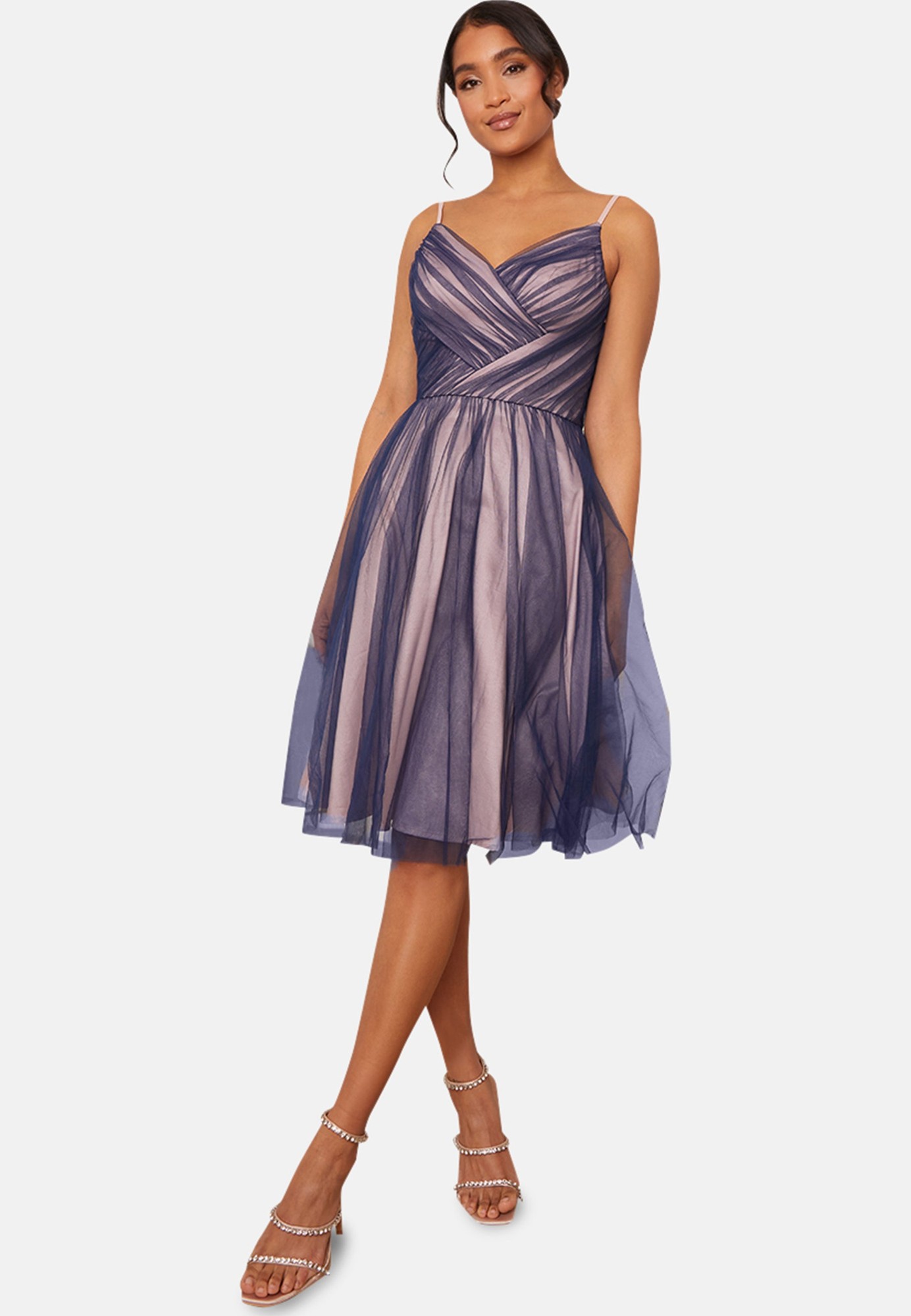 Chi Chi Mesh Detail Skater MIDI Dress in Navy in Blue, Size 16 thumbnail