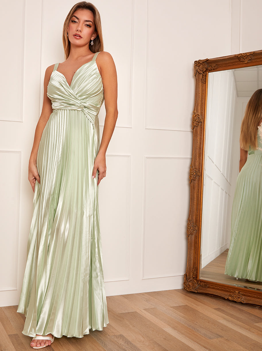 Chi Chi Satin Cami Strap Pleated Maxi Dress in Mint, Size 16