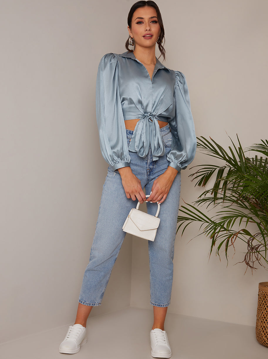Chi Chi Long Sleeve Tie Front Satin Shirt in Blue, Size 16