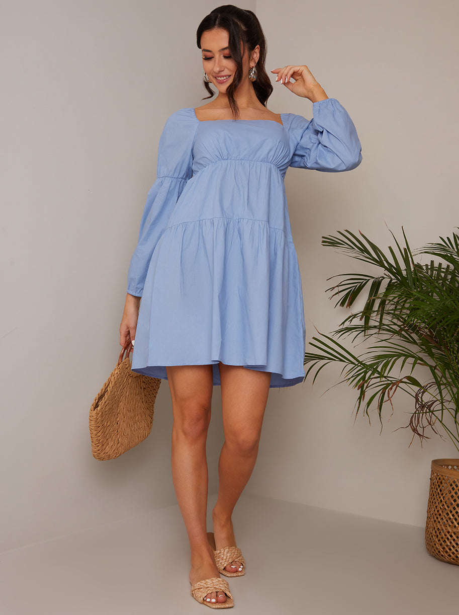 Chi Chi Square Neck Cotton Tiered Mini Dress in Blue, Size 16